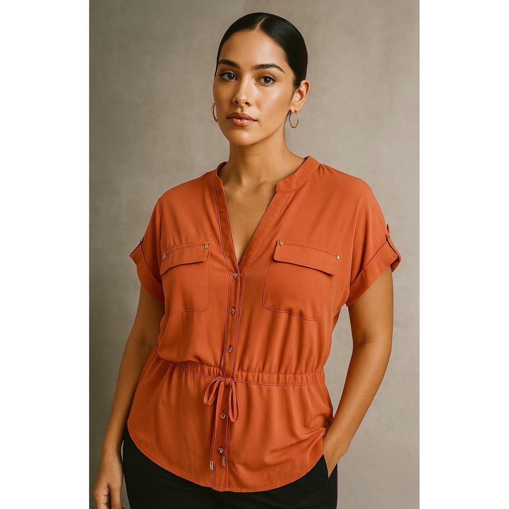 Calvin Klein Blouse Top Tunic Drawstring Waist‎ Button Front Coral Small